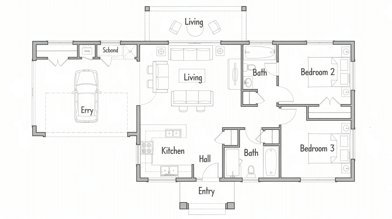89dcb214-70be-413e-8f41-bc6205fddeb1 - Ranch Style Homes USA This image features a simple one-story ranch floor plan sketch, highlighting a bedroom wing and a central living area. The layout emphasizes an efficient use of space, typical of ranch homes, and showcases the architectural style that combines functionality with comfort.