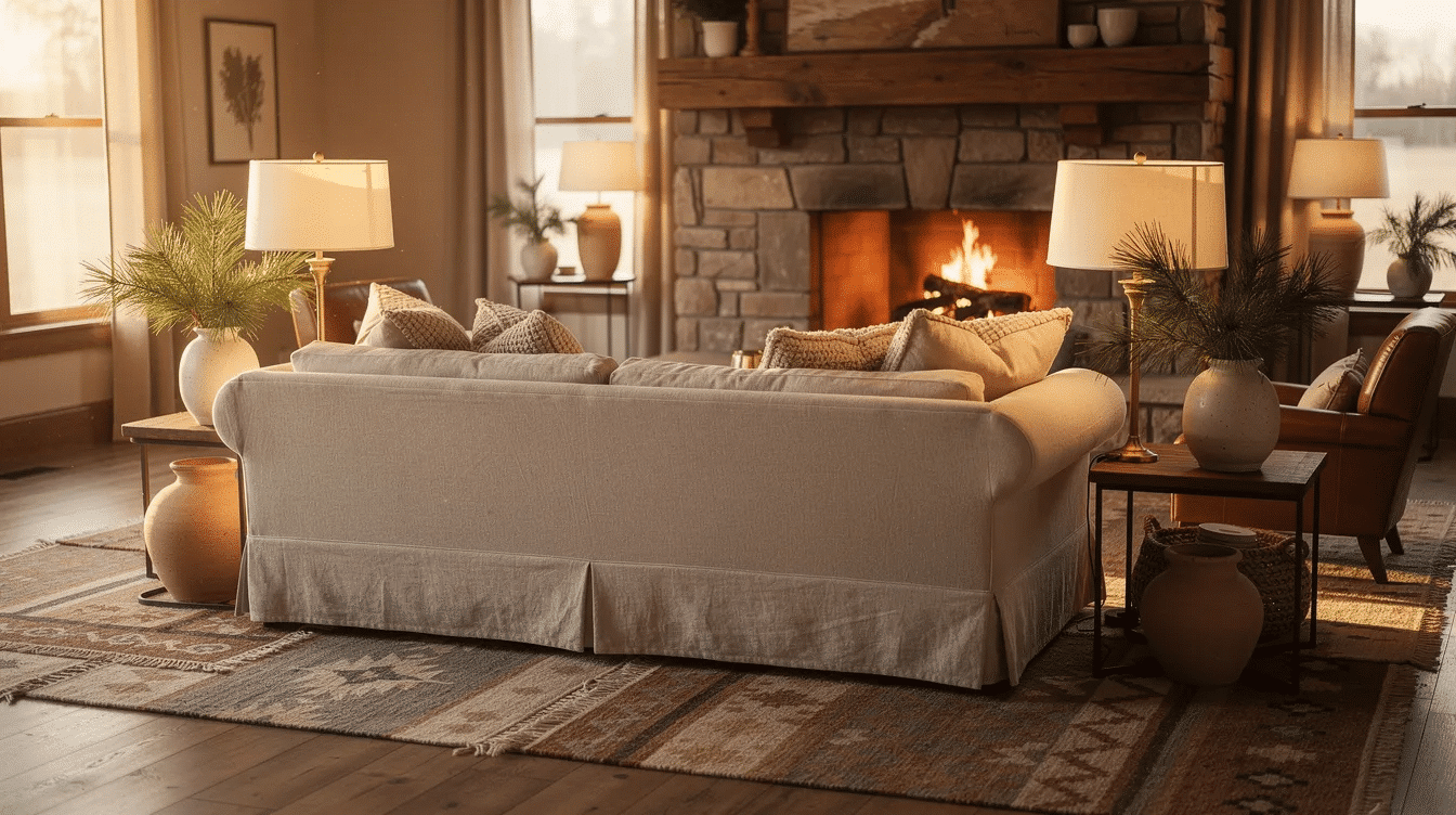 89e0af9e-b7f4-474e-b952-6aa0d0558d33 - Ranch Style Homes USA The image depicts a cozy ranch living room featuring a low sofa, layered wool rugs, and a stone fireplace, creating a warm and inviting atmosphere. Brass lamps illuminate the space, while ceramic vases filled with pine branches add a touch of nature, embodying the essence of ranch style homes.