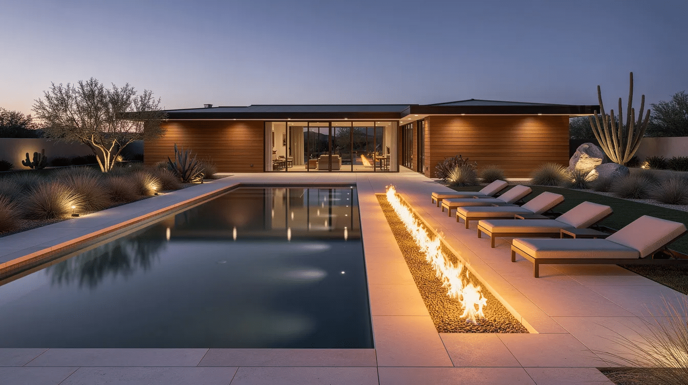 8b2ec12f-ec80-4ef6-aae5-b6cc167988e6 - Ranch Style Homes USA The image depicts a modern ranch backyard featuring a sleek linear fire pit adjacent to stylish lounge chairs, creating an inviting outdoor living room atmosphere. The fire feature serves as a focal point, enhancing the outdoor space with a cozy ambiance, ideal for gatherings.