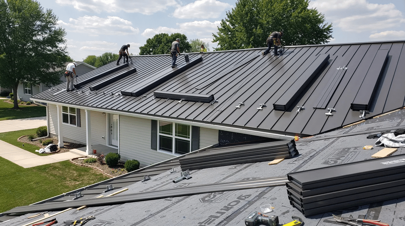 8e7425c8-9929-4ae6-8f5d-80ea4318dd56 - Ranch Style Homes USA The image depicts a skilled contractor installing a metal roof on a low-slope ranch home, showcasing the transition from old roofing materials to new metal shingles. This roofing project emphasizes the importance of using reputable roofing contractors to ensure proper installation and long-term durability, while also highlighting factors like roof replacement costs and labor expenses.