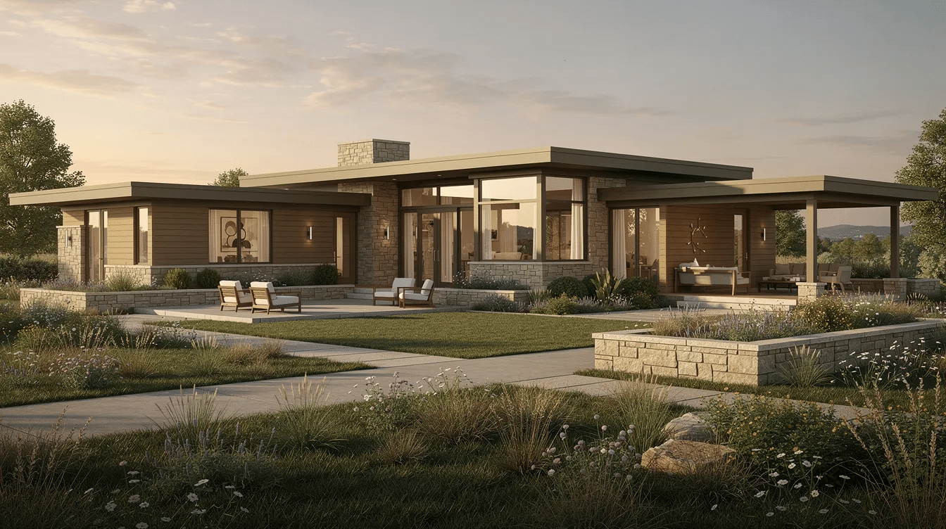 8f3b5306-988d-4350-b4b0-02873af25b86 - Ranch Style Homes USA The image showcases a modern prairie style home set on a spacious lot, emphasizing its horizontal silhouette and integration with the surrounding landscape. Natural materials like stone and wood are used in the exterior design, complemented by large windows that invite natural light and outdoor views, creating a seamless connection between indoor living spaces and the natural environment.