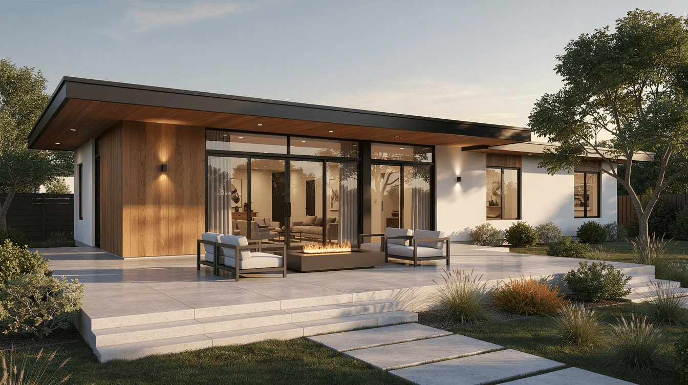 91f60cb2-5c38-4c66-8f63-17b993cc12e0 - Ranch Style Homes USA The image depicts a modern ranch style house featuring a low pitched roof, large windows that invite natural light, and a connected patio for outdoor living. This single story layout emphasizes an open floor plan, ideal for entertaining and enhancing the living space.
