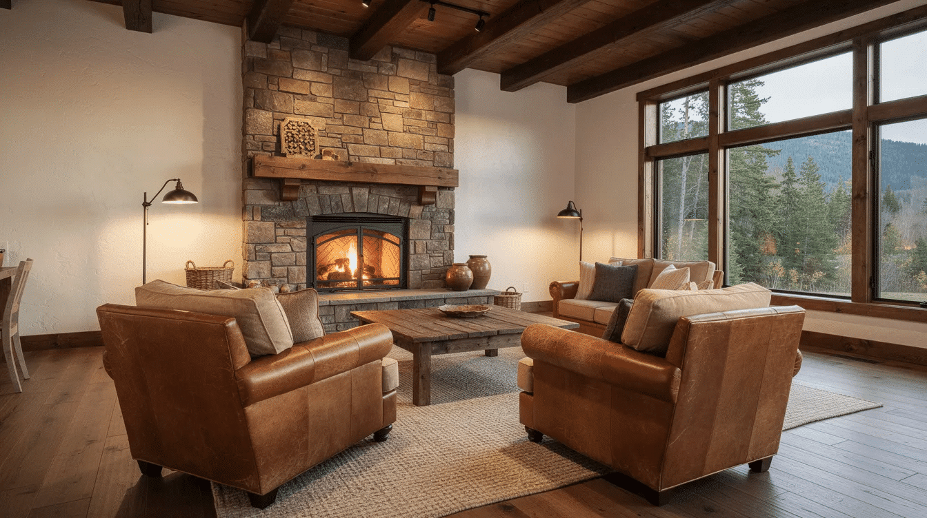 9b0a3b07-0ebc-4d78-bd85-27885734aa03 - Ranch Style Homes USA The image showcases a cozy ranch-style living room featuring a stone fireplace, wooden beams, and leather chairs, with large windows allowing natural light to flood the space. This inviting setting is perfect for family gatherings and reflects the simplicity and warmth of country life.