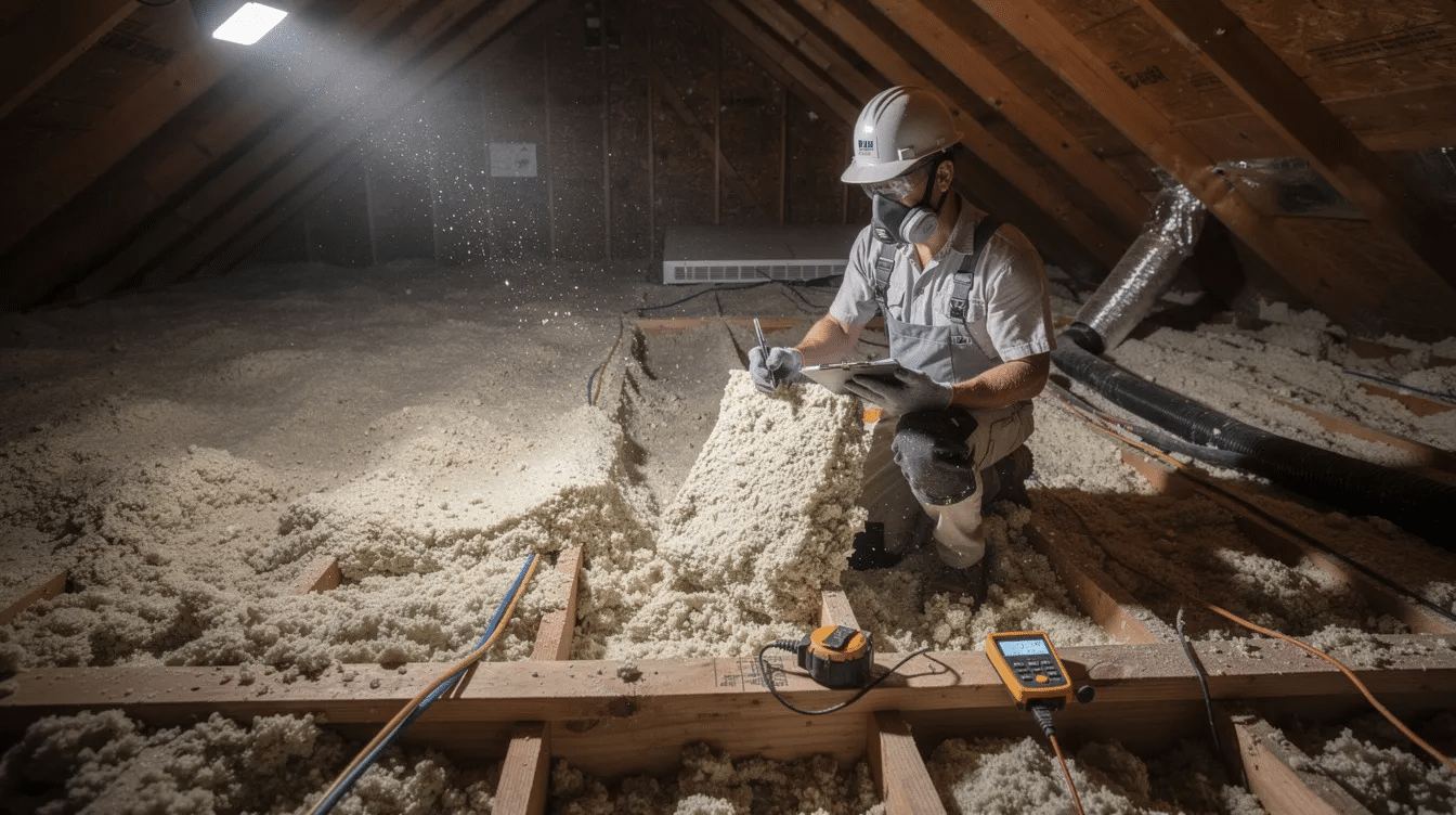 9e31335a-b547-4ba1-8934-aee7b5bc1a95-1 - Ranch Style Homes USA A contractor is inspecting the attic insulation in a single-story ranch style home, checking for air leaks and ensuring that the attic space is properly insulated to enhance energy efficiency and reduce heating bills. The inspection includes evaluating the attic floor, wall cavities, and existing insulation materials to identify any gaps that could lead to heat loss or summer heat gain.