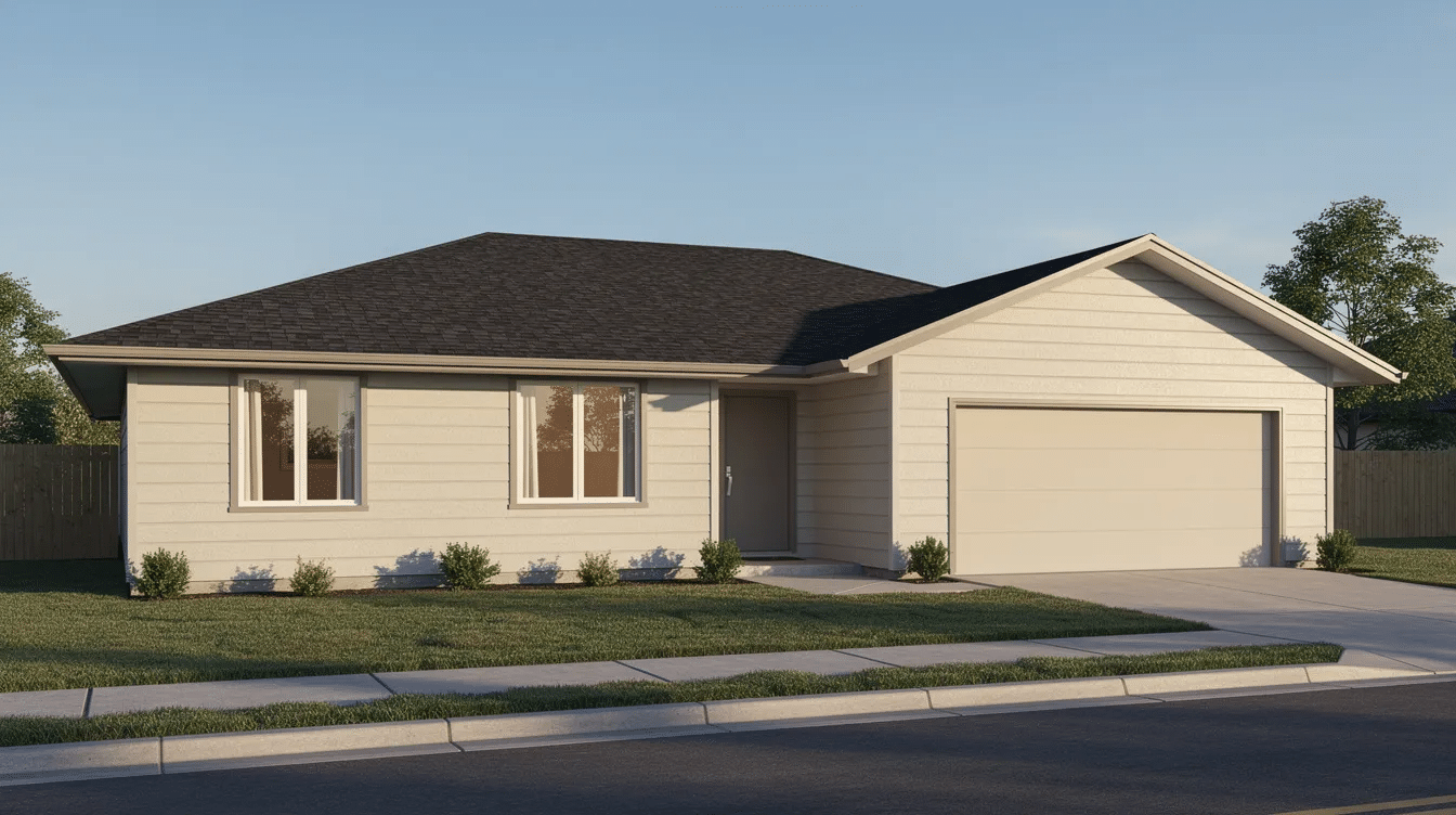 9f8aaaf9-fd2c-4389-89b3-45b7f2f2afbc-1 - Ranch Style Homes USA The image depicts a single-story ranch style home featuring a wide roof and an attached garage, showcasing the exterior walls and roof structure. This design emphasizes energy efficiency, highlighting the importance of proper insulation in the attic space to reduce heat loss and improve heating bills.