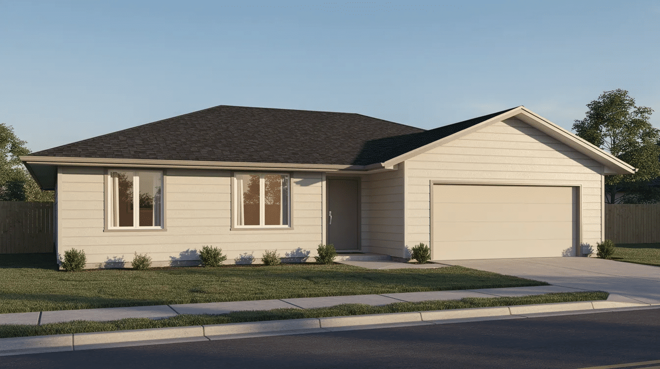 9f8aaaf9-fd2c-4389-89b3-45b7f2f2afbc - Ranch Style Homes USA The image depicts a single-story ranch style home featuring a wide roof and an attached garage, showcasing the exterior walls and roof structure. This design emphasizes energy efficiency, highlighting the importance of proper insulation in the attic space to reduce heat loss and improve heating bills.