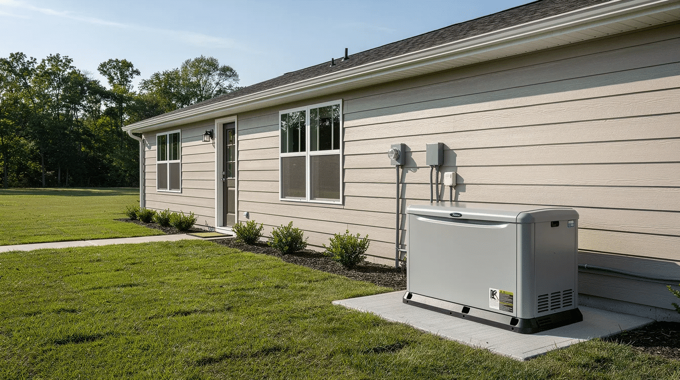 a03a1831-3d0e-4e81-b978-21c8275019c1 - Ranch Style Homes USA A standby generator is installed beside a single-story ranch house, providing a reliable backup power solution for the entire home during a power outage. This whole house generator is connected to a natural gas system, ensuring peace of mind and consistent energy supply for essential appliances and medical equipment.