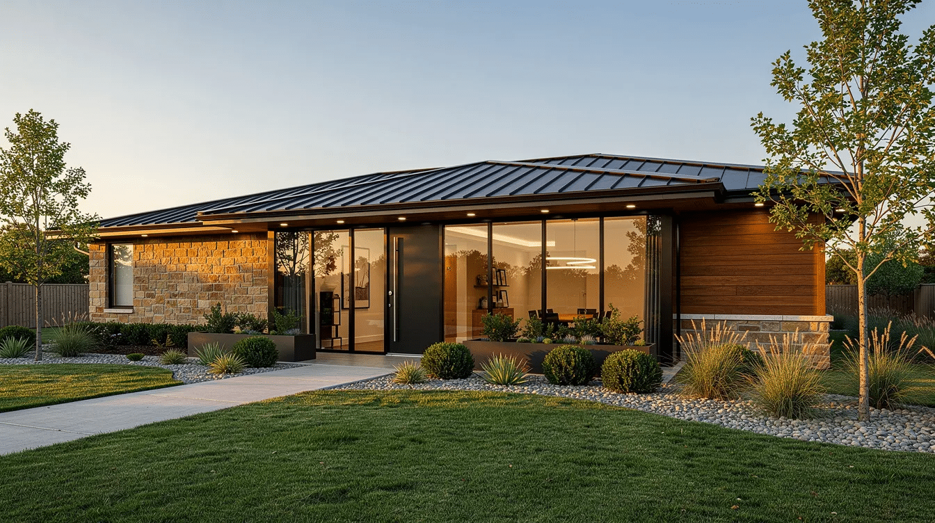 a2597258-0b53-4bf1-af73-38ad6d2c79f8-1 - Ranch Style Homes USA This image depicts a contemporary single-story ranch home featuring a blend of stone and wood materials, large picture windows that enhance natural light, and a beautifully landscaped front yard. The design emphasizes open living spaces and a seamless connection to outdoor areas, showcasing the key characteristics of modern ranch style homes.