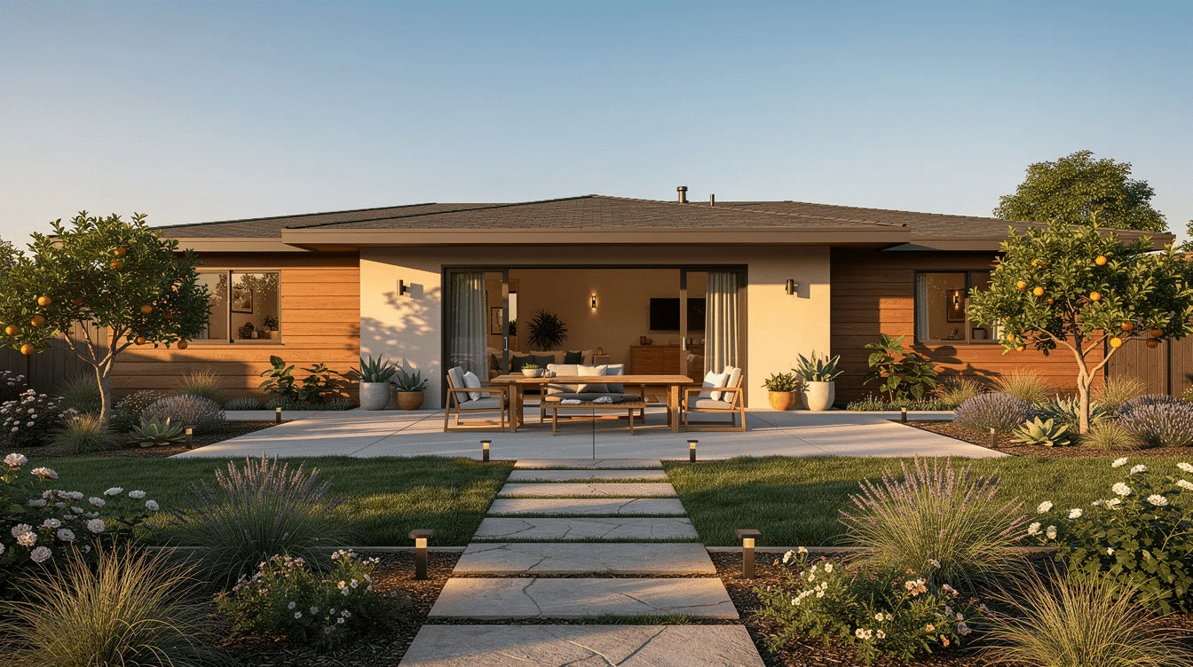 a4f3e747-62c5-428d-b05f-a7f664fe7013 - Ranch Style Homes USA The image depicts a low California ranch style home featuring a spacious patio and a well-maintained garden, showcasing the characteristic horizontal lines and large windows that allow for ample natural light. This single story house emphasizes outdoor living spaces, blending indoor and outdoor areas seamlessly for a casual lifestyle.