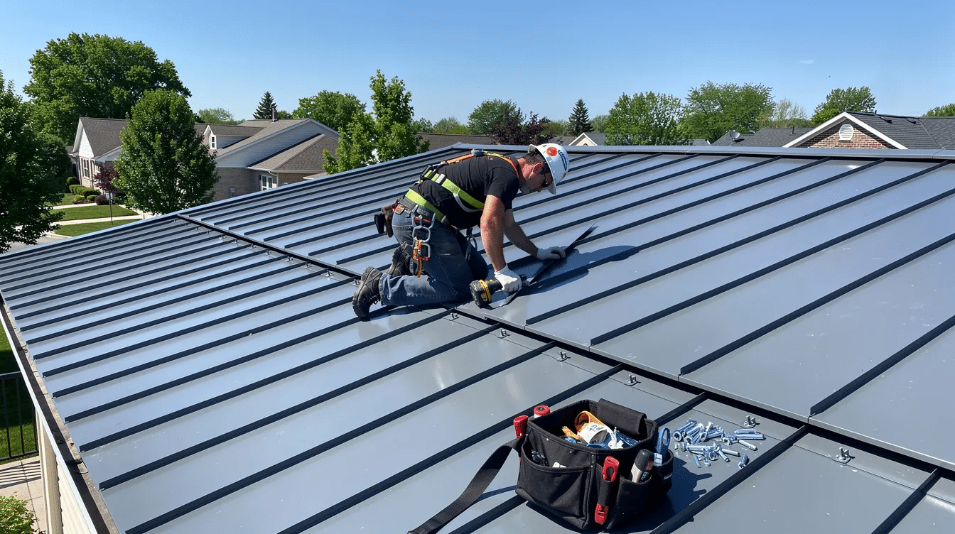 aa1390dc-f38f-48ec-9017-57e1b4faf6bf - Ranch Style Homes USA A roofer is installing metal panels on a low-slope residential roof, demonstrating the proper installation of a standing seam metal roof. This roofing method offers durability and energy efficiency, making it a popular choice among homeowners looking for long-term savings.