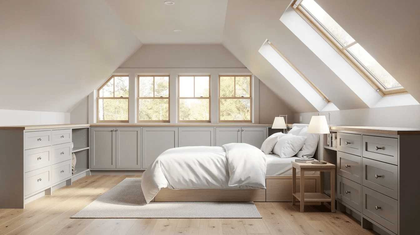 ab76273e-3934-49fe-96a7-808d8acf7203 - Ranch Style Homes USA The image depicts a bright attic bedroom featuring shed dormer windows that allow natural light to fill the space. Built-in storage is cleverly integrated under the sloped ceiling, enhancing the room's functionality and visual appeal in this ranch style home.