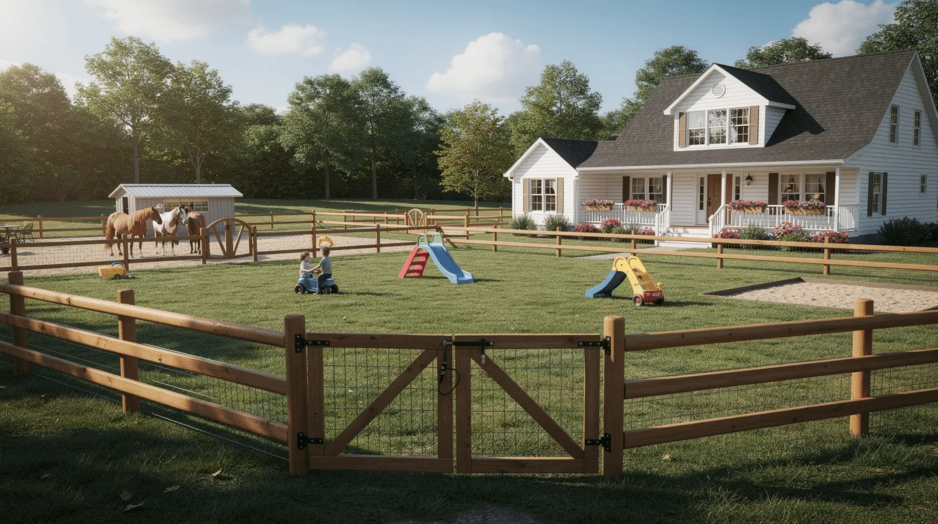 abd99ffb-016d-4839-bca2-60d037e1ada7 - Ranch Style Homes USA The image depicts a toddler-safe fenced ranch yard adjacent to a farmhouse, designed to create a secure play area for young children. The yard features childproof devices and safety measures, ensuring a safe place for kids to play while parents supervise nearby.