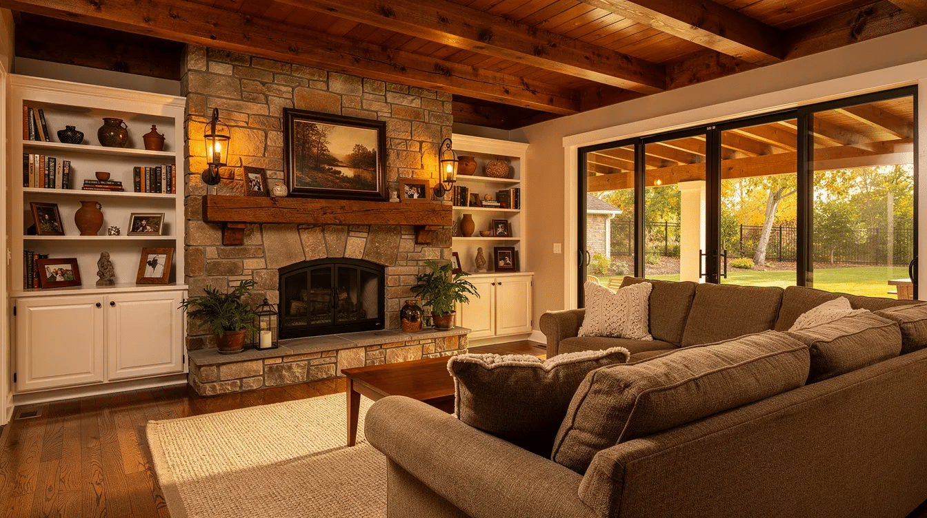 aeb5da5f-243a-4489-9b33-17a1f2269f67 - Ranch Style Homes USA The image depicts a warm craftsman ranch living room featuring exposed beams and a stone fireplace, complemented by built-in shelves and large patio doors that invite natural light into the spacious interior. This inviting space showcases quality craftsmanship and elements typical of craftsman style homes, creating a cozy and charming atmosphere.