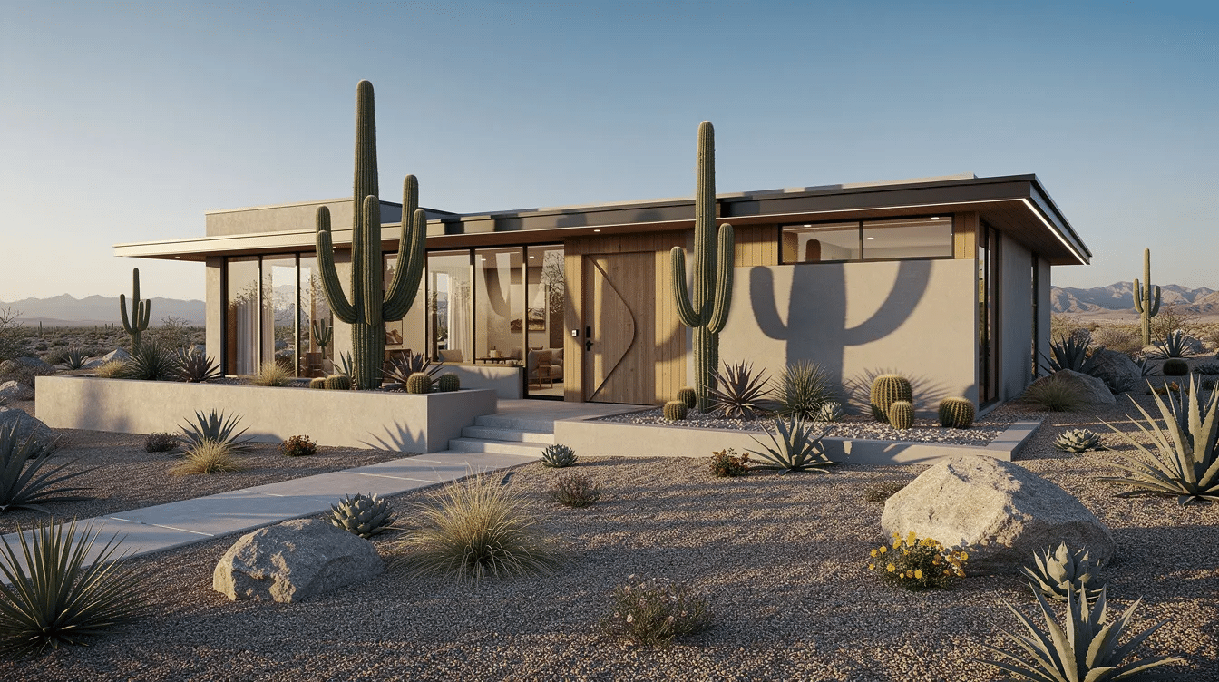 b00ae91a-19e4-4b7a-bd6e-687f3e668604 - Ranch Style Homes USA The image depicts a modern low flat roof ranch house surrounded by desert landscaping, featuring a clean and functional design. The outdoor space includes drought-resistant plants and gravel, emphasizing the home's accessibility and ease of maintenance, while the flat roof offers advantages such as easier upkeep and less risk of leaks compared to traditional pitched roofs.