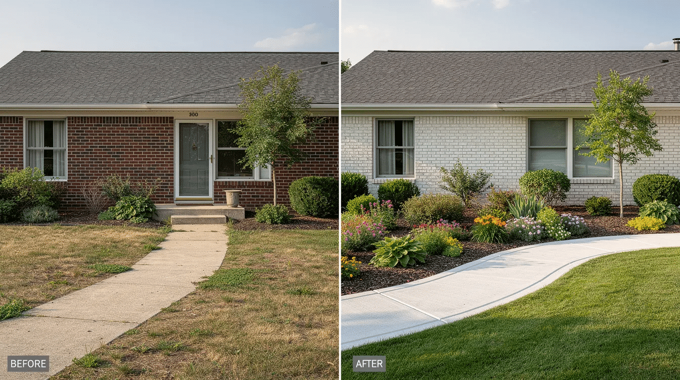 b034455b-224a-490f-9b3a-a464290e5635 - Ranch Style Homes USA The image showcases a stunning before and after transformation of a single-story brick ranch home, highlighting new landscaping, freshly painted brick, and a wider front path that enhances the home's curb appeal. This ranch remodel reflects an incredible renovation, making the exterior inviting and modern.