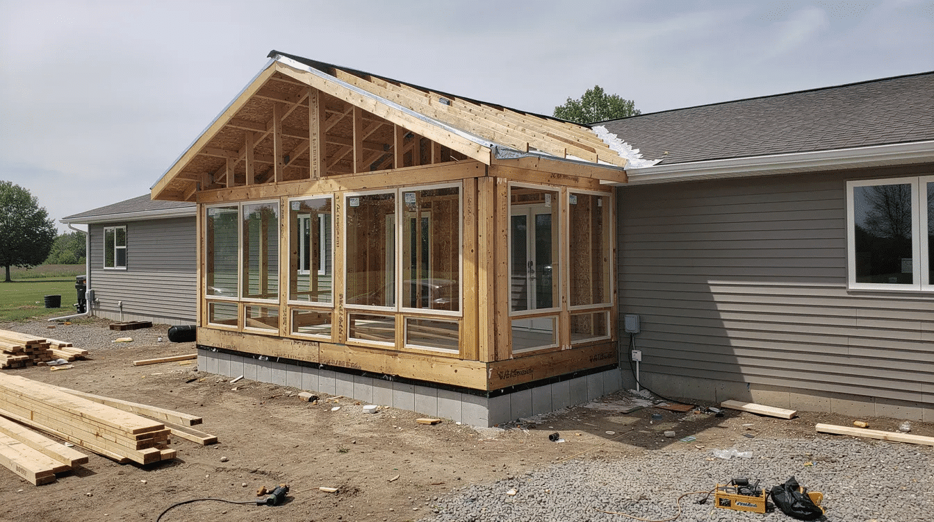 b05fd162-7f68-4059-88e0-5d25b08a38fe - Ranch Style Homes USA The image depicts a sunroom under construction, attached to a low ranch house, featuring wooden framing and a roof tie-in. This addition showcases the potential for a bright and airy space, ideal for enjoying meals with homemade ranch salad dressing or fresh vegetables.