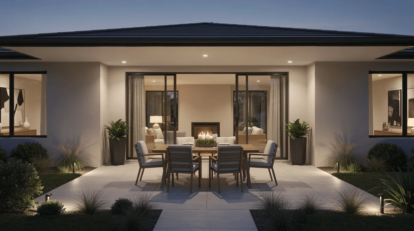 b0a98aa4-713f-4427-a69b-bcf238fa4fb2 - Ranch Style Homes USA The image features a modern ranch patio showcasing sliding glass doors that open to an outdoor dining area, illuminated by soft lighting amidst landscaped greenery. This design emphasizes seamless indoor-outdoor living, characteristic of contemporary ranch style homes, creating an inviting space for entertaining and relaxation.