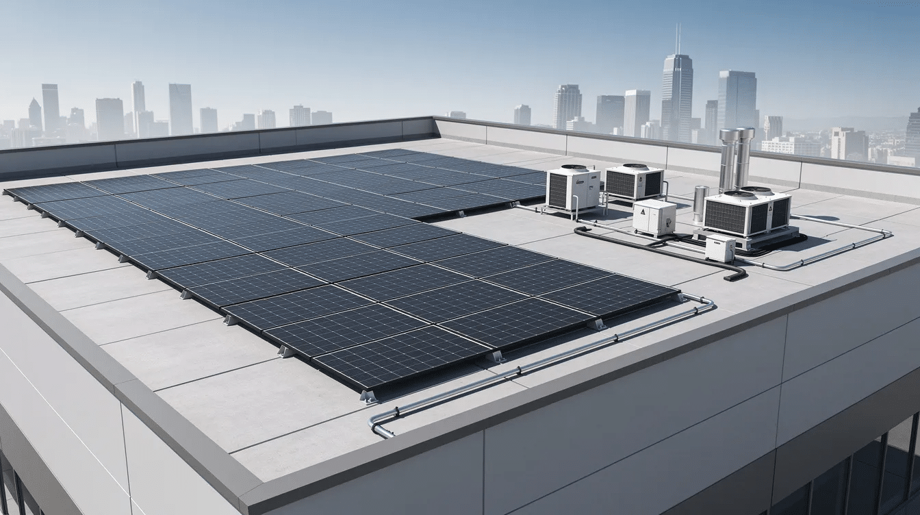 b2d8db89-2625-4dff-9acf-e8312407d809 - Ranch Style Homes USA The image features a flat roof equipped with solar panels and compact rooftop equipment, emphasizing the advantages of flat roofs for easier maintenance and energy efficiency. The setup highlights the structural integrity and potential for outdoor space utilization on commercial buildings.