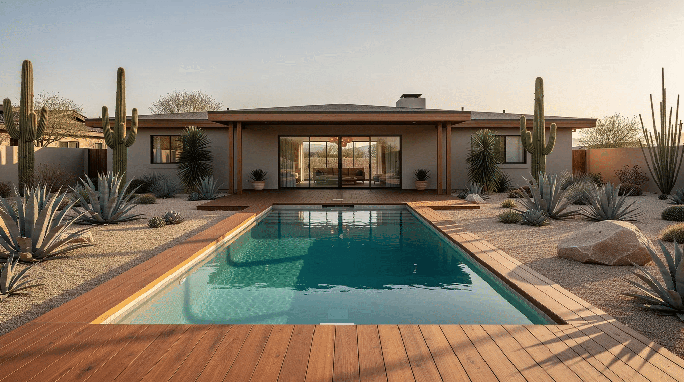 b3863d50-77f5-4135-9272-93f4bb4d4a97-1 - Ranch Style Homes USA The image depicts a low ranch home featuring a rectangular inground pool surrounded by a warm wood deck, complemented by desert plants and small trees in the backyard space. This inviting outdoor area serves as a perfect spot for relaxation and family gatherings on hot days.