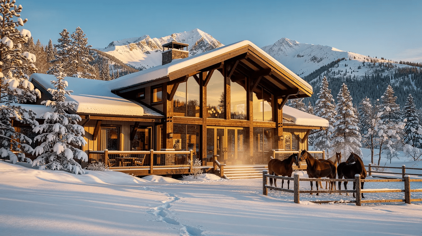 b505dbb0-ba16-420e-9178-0a30ad9f21d2 - Ranch Style Homes USA The image depicts a luxurious mountain ranch featuring large windows and timber beams, surrounded by snow-covered trees and horses grazing nearby. This sprawling property embodies ranch life, showcasing a perfect blend of nature and elegance in a serene setting.