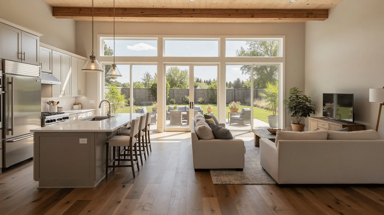 b506d104-940c-4749-96ae-1e46ca9a5551 - Ranch Style Homes USA The image depicts a bright and airy open concept ranch kitchen and living area, featuring large windows that invite natural light and offer a view of the backyard patio. This inviting space is perfect for family gatherings, showcasing the seamless flow between the dining room and main living spaces, characteristic of ranch style homes.