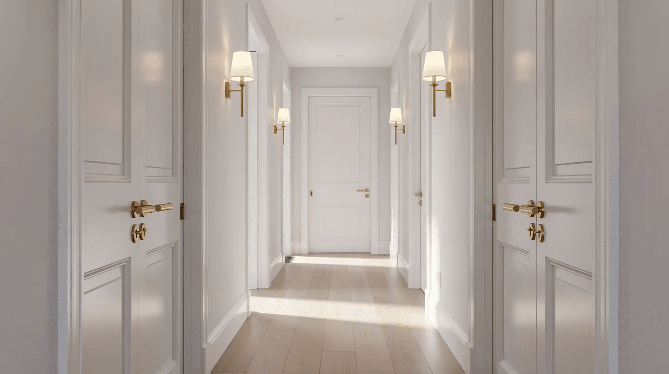 b8ddf706-a4f5-453b-8b85-f3e474cf89e3 - Ranch Style Homes USA The image features a bright, long narrow hallway adorned with matching white doors and brass hardware, complemented by elegant sconces and simple trim. The hardwood floors add warmth to the space, creating a welcoming atmosphere perfect for showcasing art prints and adding visual interest.