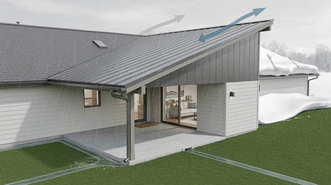 bb3bf8c5-eadd-42d0-8f2c-bf6855bf7210 - Ranch Style Homes USA The image depicts a modern ranch style home with a shed roof, showcasing a single slope designed for effective water drainage. The roof's orientation is crucial for weather performance, as it influences how wind and rain interact with the structure, emphasizing the importance of proper roofing systems and structural support in ranch homes.
