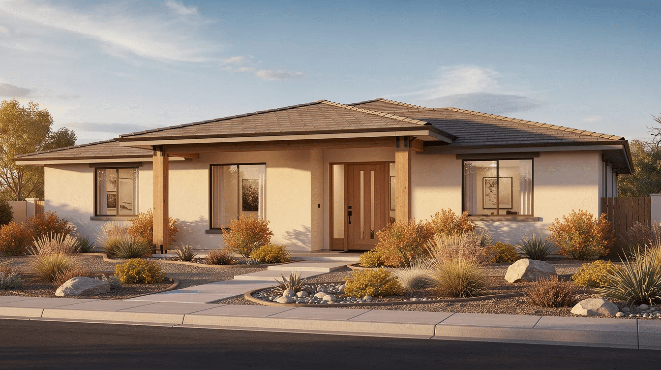 c2e4a78e-21d7-4bf7-9262-b7b34465d463 - Ranch Style Homes USA The image features a cozy single-story stucco ranch house, showcasing a warm exterior with inviting landscaping and stylish wood accents around the front door. This home design enhances the property's curb appeal, reflecting a modern yet comfortable style suitable for family living.