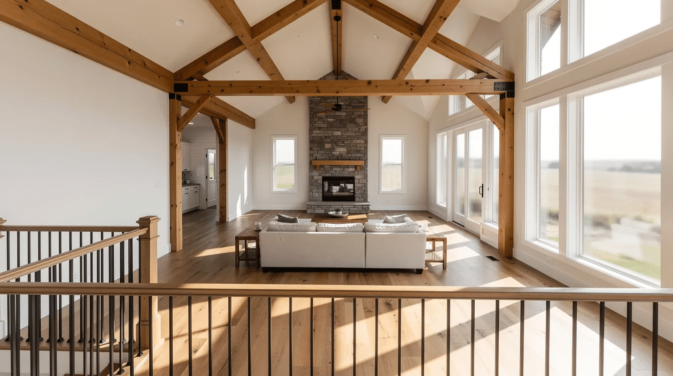 c56fade0-479a-4155-ac81-83c5602b1c1c - Ranch Style Homes USA The image features an open loft that overlooks a bright ranch great room, showcasing wood beams and large windows that flood the space with natural light. This inviting living space exemplifies the charm of ranch style homes, blending indoor and outdoor areas seamlessly.