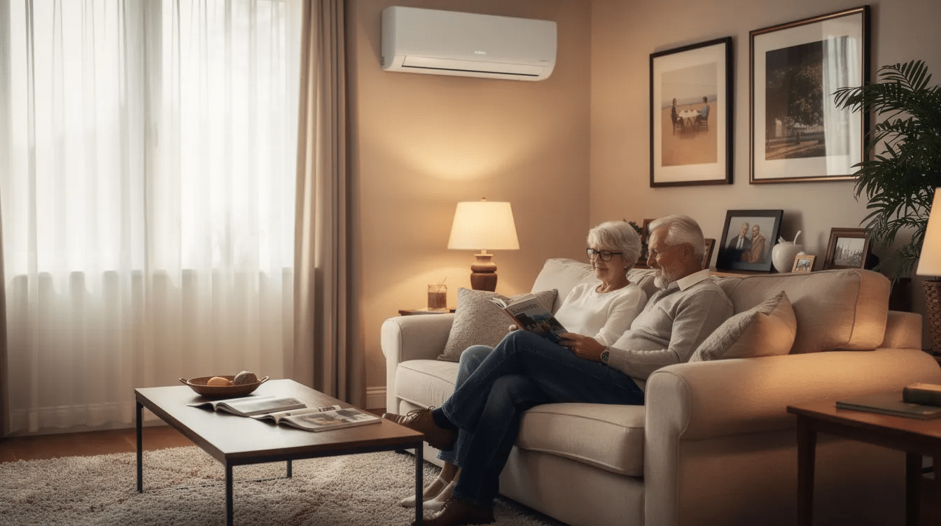 c85573e6-07a8-4eaa-9b39-46687259bc07-1 - Ranch Style Homes USA An older couple is seen relaxing in a cozy, single-story living room featuring a discreet wall-mounted mini split air conditioner, which provides energy-efficient heating and cooling. The warm atmosphere suggests a comfortable living space enhanced by the quiet operation of their ductless mini split system.