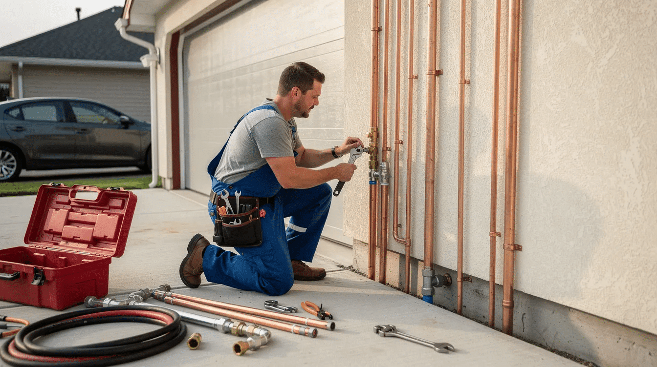 c90d78e6-c082-4ea8-9a77-c4f1077a624f - Ranch Style Homes USA A plumber is seen installing pipes near a garage wall, preparing for the connection of a tankless water heater, which is known for its energy efficiency and ability to provide endless hot water on demand. The scene emphasizes the importance of proper installation for optimal performance and energy savings in modern heating systems.