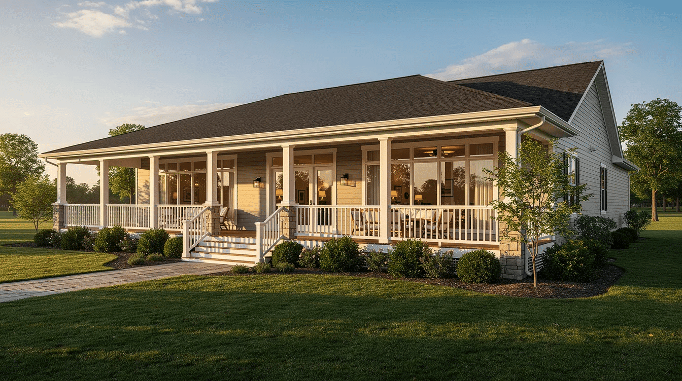 cb0fb959-e715-4e28-b2bc-7bfa834d0ce6 - Ranch Style Homes USA The image depicts a large single-story ranch house featuring a wide porch and expansive rear windows, inviting natural light into the open floor plan. The well-maintained lawn and outdoor living spaces create an ideal setting for family gatherings and relaxing evenings.