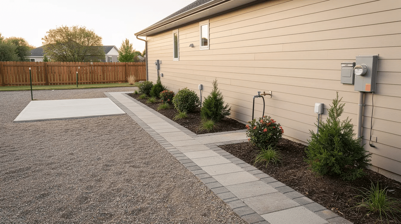 cc75b908-c412-4849-9124-94589c644ff1 - Ranch Style Homes USA The image depicts the side yard of a ranch home featuring a utility wall, lush shrubs, and an open area suitable for equipment storage. This space could be ideal for installing a whole house generator, providing backup power during outages and ensuring peace of mind for the family.
