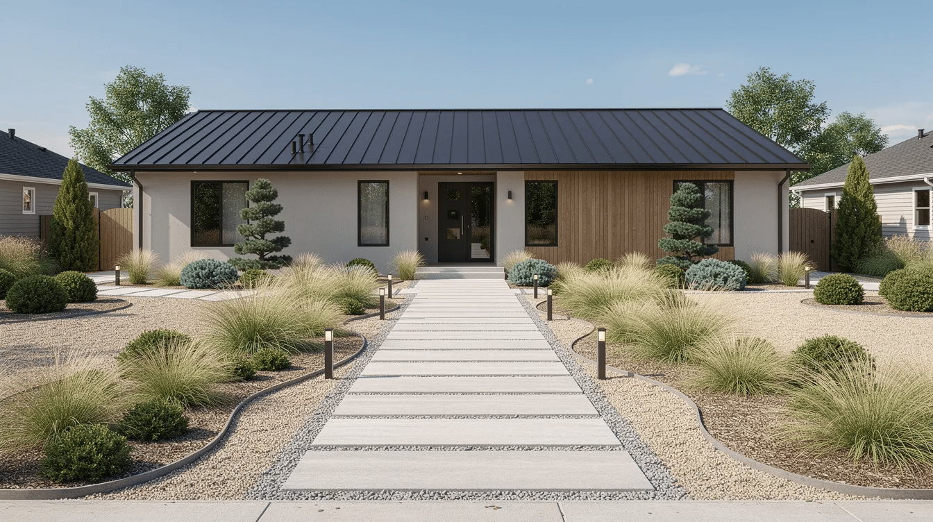 cc9c155c-eaa9-44cf-a746-a33795cb76de - Ranch Style Homes USA The image depicts a modern ranch house front yard featuring foundation planting beds filled with low-maintenance grasses, dwarf conifers, and decorative gravel mulch. Broad concrete pavers create a visually pleasing path leading to the front door, enhancing curb appeal while effectively suppressing weeds and improving drainage around the home foundation.