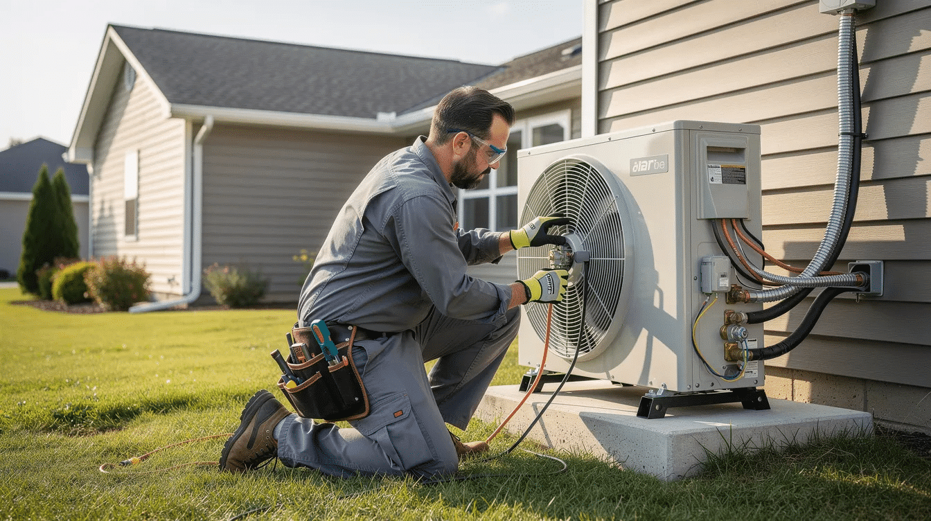 ce76a0c9-7bd6-4054-93a4-d2f27a1eb7b4 - Ranch Style Homes USA A technician is installing a compact outdoor heat pump beside a single-story ranch home, showcasing the mini split system's energy-efficient design and flexible installation options for heating and cooling. The outdoor unit is positioned to blend seamlessly with the home’s exterior, emphasizing the advantages of ductless mini split systems.