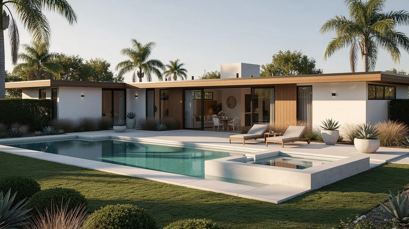 cfc8480c-1766-44e6-bd0c-26f18e744fc8-1 - Ranch Style Homes USA The image showcases a mid-century ranch backyard featuring a sleek rectangular inground pool with an attached spa, surrounded by small trees and stepping stones. This inviting outdoor space is perfect for relaxation during hot days and offers easy access from the main house, enhancing the overall landscape design.