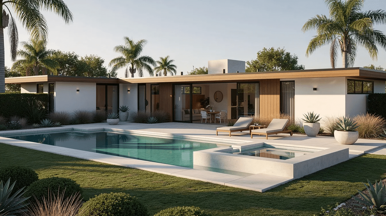 cfc8480c-1766-44e6-bd0c-26f18e744fc8 - Ranch Style Homes USA The image showcases a mid-century ranch backyard featuring a sleek rectangular inground pool with an attached spa, surrounded by small trees and stepping stones. This inviting outdoor space is perfect for relaxation during hot days and offers easy access from the main house, enhancing the overall landscape design.