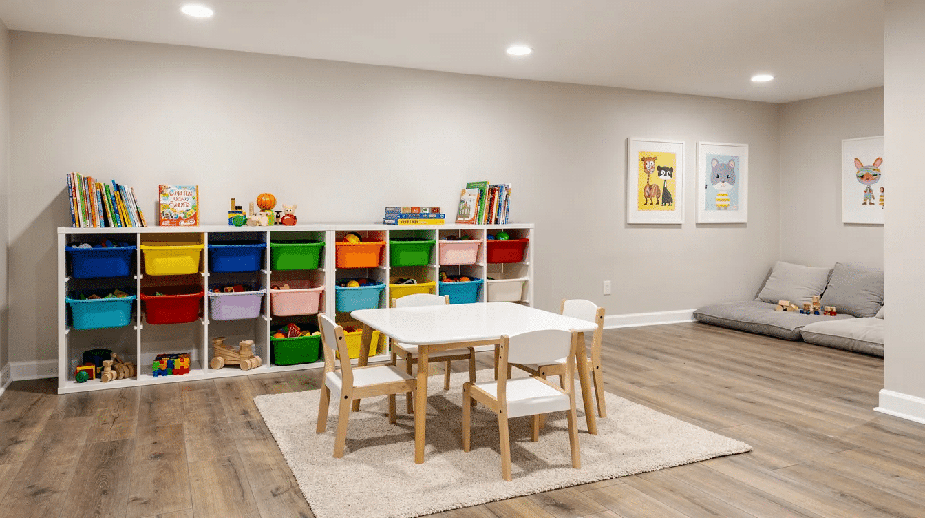 d2d893e2-4f0b-4437-a646-72c4672aa786 - Ranch Style Homes USA This bright basement playroom features colorful bins and cube storage, complemented by a low table and recessed lights, creating an inviting space for family fun and play. The finished basement offers a vibrant area for kids to enjoy, making it an ideal addition to any ranch house or family home.
