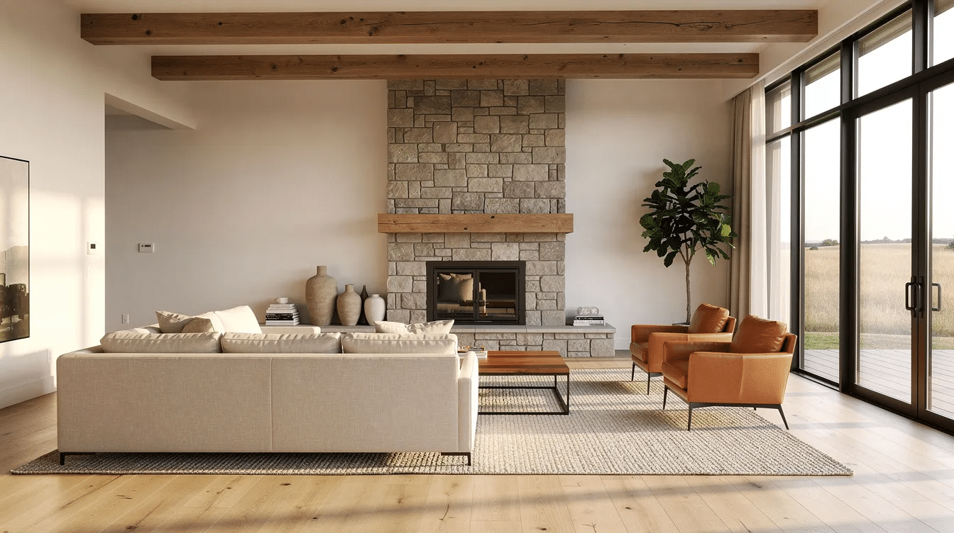 d359c7a2-948c-4890-9927-8cd410a14277-1 - Ranch Style Homes USA The image depicts a warm modern ranch great room featuring large picture windows that enhance natural light, a stone fireplace, and exposed wood ceiling beams. The low-profile furniture complements the open layout, creating a cozy and inviting space ideal for family gatherings and indoor-outdoor living.