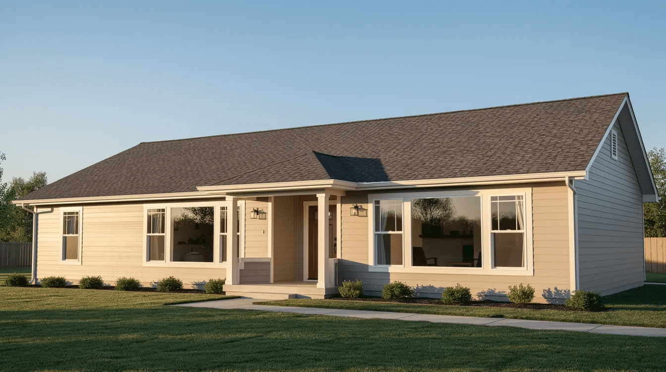 d440b8d0-471a-4cae-b0ef-a233bd988141 - Ranch Style Homes USA The image shows a single-story ranch house featuring a newly installed asphalt shingle roof. This roofing project highlights the fresh, modern look of the new roof, which is a common choice for homeowners seeking a reliable and cost-effective roofing material.
