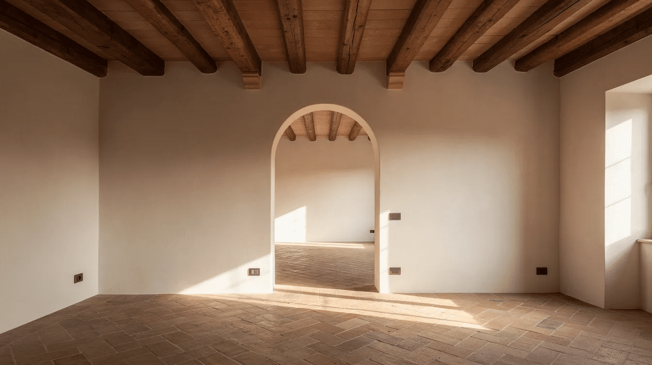 da94d532-1034-4009-8185-eeca99452930 - Ranch Style Homes USA The image depicts an interior room featuring plaster walls and exposed wood beams typical of Spanish colonial architecture, complemented by a tile floor and an arched opening that enhances the space's character. This design reflects the aesthetic of Spanish style homes, creating a warm and inviting atmosphere.