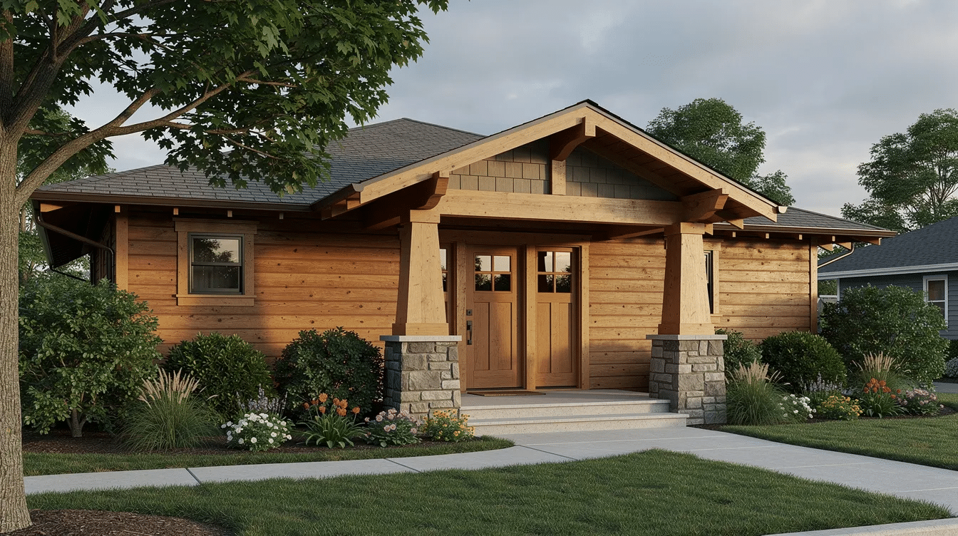 dc14710e-1ffc-48e4-bc7e-6e6676de283b - Ranch Style Homes USA The image depicts a low single-story craftsman ranch home featuring stone porch columns and wood siding, surrounded by mature landscaping. This charming craftsman style house showcases quality craftsmanship with its gabled roof, tapered columns, and warm, inviting exterior.