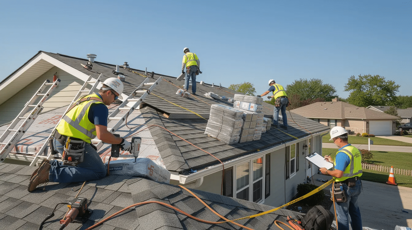 dcb343ed-ccba-4000-99a2-92784ea79f26 - Ranch Style Homes USA A roofing crew is safely working on a single-story house, replacing the old roof with new asphalt shingles. The team is using various roofing materials, ensuring proper installation to meet building codes and enhance the home's durability against severe weather.