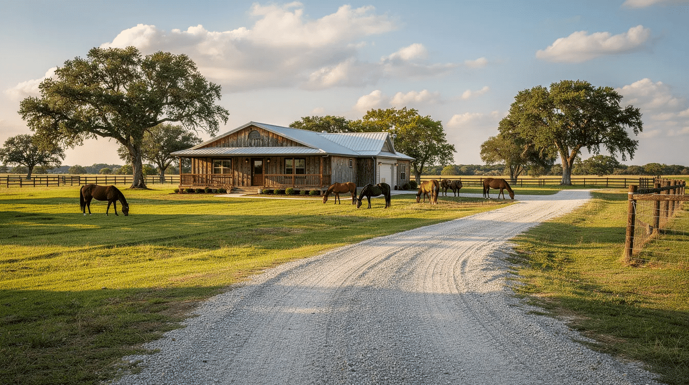 df170ade-62d4-49bf-bce4-f9e9f9e40bda - Ranch Style Homes USA The image depicts a rustic ranch home nestled in a sprawling property, surrounded by lush open pastures, trees, and horses grazing peacefully. A gravel drive leads up to the main house, embodying the charm of ranch life in a serene country setting.
