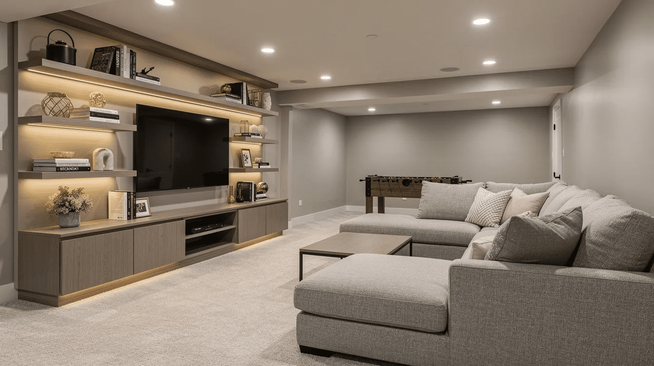dfeaa5c0-3956-47ca-b0fe-38e5461bc6d8 - Ranch Style Homes USA The image depicts a finished basement recreation room featuring a comfortable sectional sofa and a stylish media wall, creating a perfect bonus space for relaxation and entertainment. This inviting sitting room is designed to inspire homeowners looking to transform their extra space into a functional area for family fun and hobbies.
