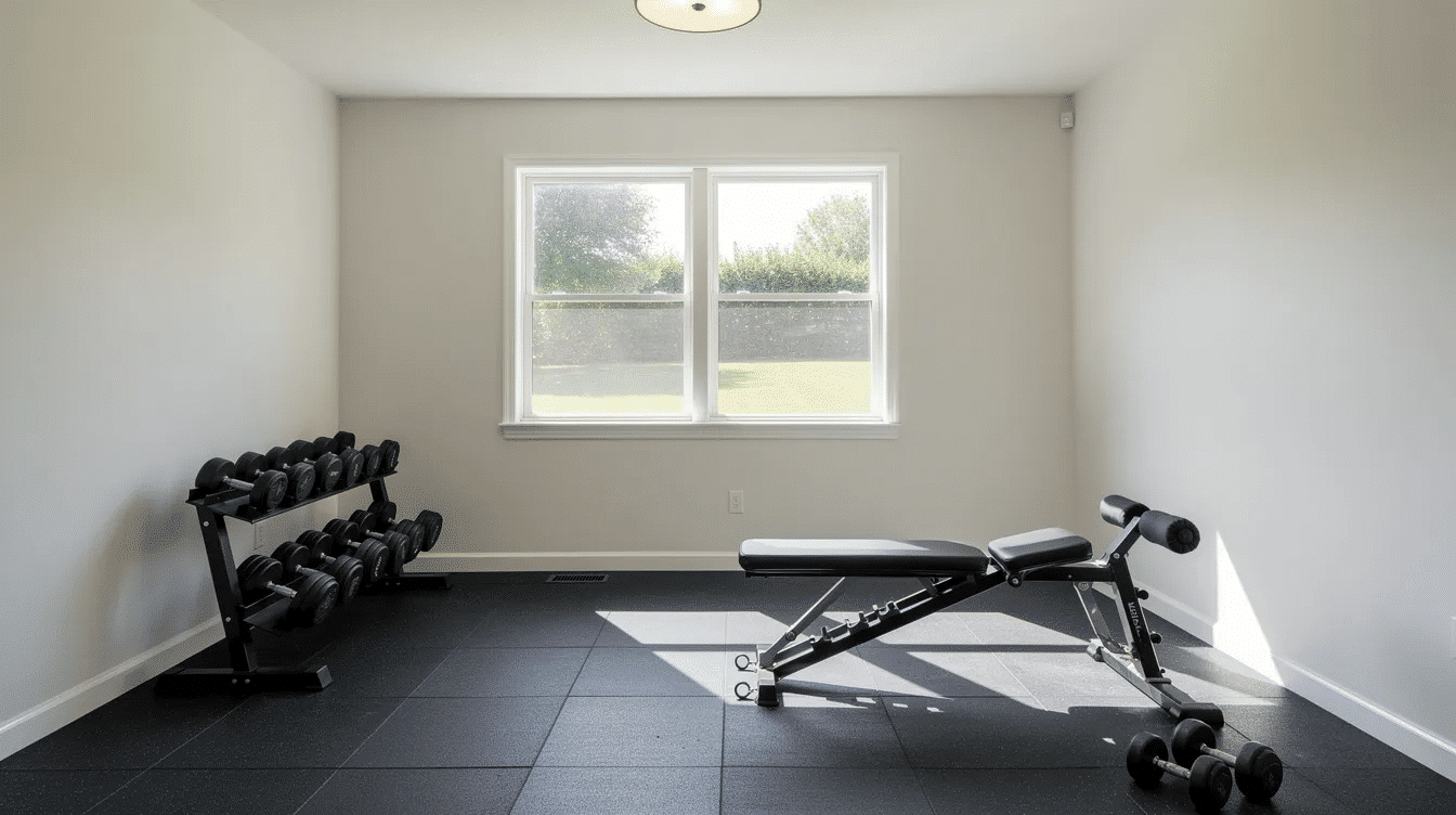 ec319ae0-8727-4d7c-adb3-10c190cef399 - Ranch Style Homes USA The image depicts a bright ranch house spare bedroom transformed into a compact home gym, featuring rubber flooring, an adjustable bench, dumbbells, and large windows that allow natural light to fill the workout space. This inviting gym design showcases a functional area for strength training and bodyweight exercises, making it a great addition for fitness enthusiasts.
