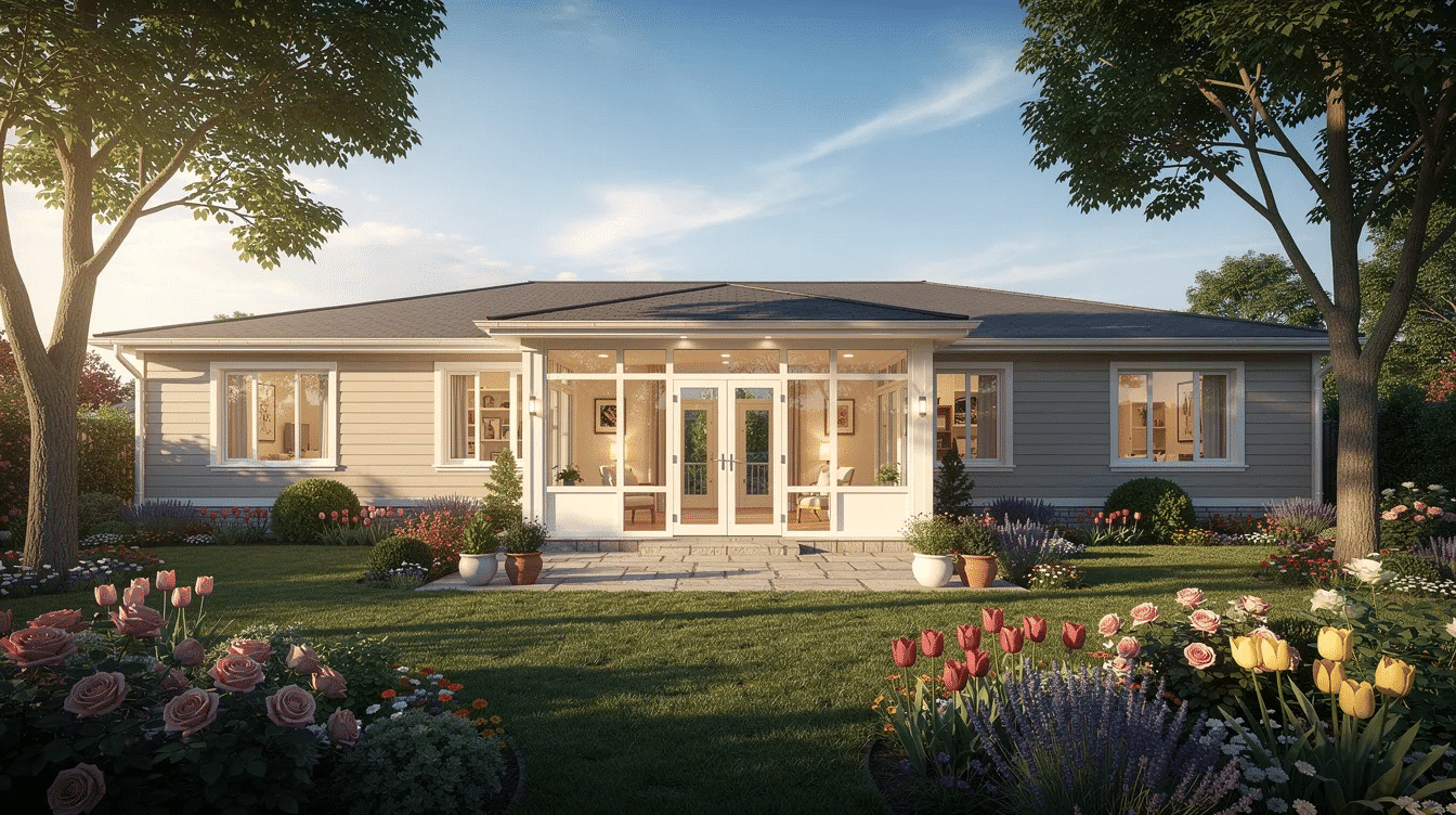 efdb2015-536c-46ba-ac31-850ce06d0ba8 - Ranch Style Homes USA The image depicts a charming single-story ranch home featuring a bright sunroom at the rear, surrounded by a lush backyard garden filled with fresh vegetables and herbs. This inviting space is perfect for enjoying homemade ranch dressing with family and friends, highlighting the essence of outdoor living.