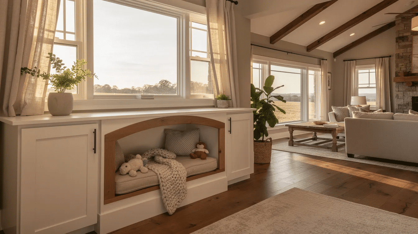 f289a383-2f09-4913-8ce1-4cf920590f7c - Ranch Style Homes USA The image features a cozy built-in pet bed nestled under a large window in an open ranch-style great room, providing a welcoming environment for furry family members. This pet-friendly home design idea enhances the living space with natural light and easy access for both pets and their owners.