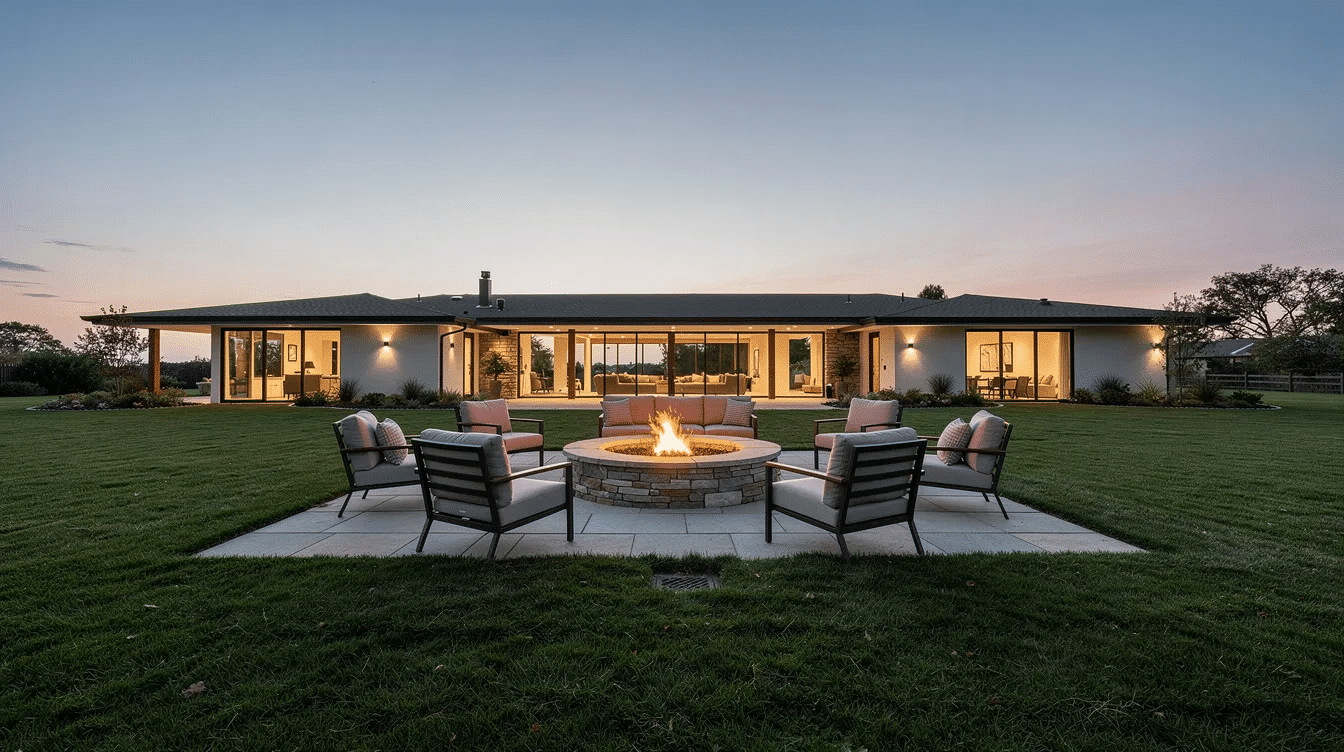 f5f5105d-deb4-42c2-9473-7ef02da3dfc1 - Ranch Style Homes USA The image depicts a low-profile ranch backyard featuring a stone fire pit as the focal point, surrounded by an open lawn and lounge chairs. Large windows provide a view of this inviting outdoor living space, which is designed for relaxation and gatherings.