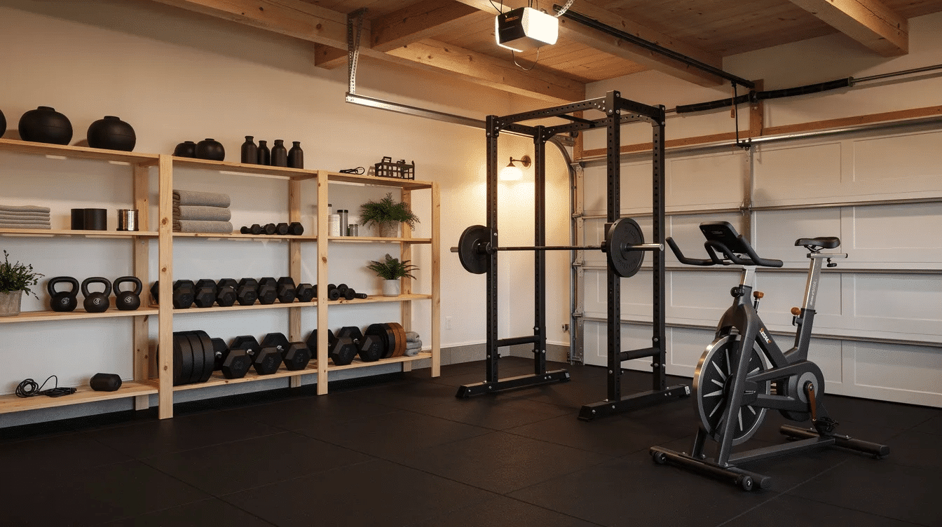 f6d1f042-dc99-4a0b-9223-72acfb7fd46a - Ranch Style Homes USA The image depicts a clean and organized ranch-style garage gym featuring natural wood shelves, rubber flooring, and a variety of workout equipment including a squat rack and a stationary bike, all illuminated by warm dimmable lighting. This inviting workout space is designed to inspire fitness goals while providing a comfortable environment for strength training and cardio exercises.